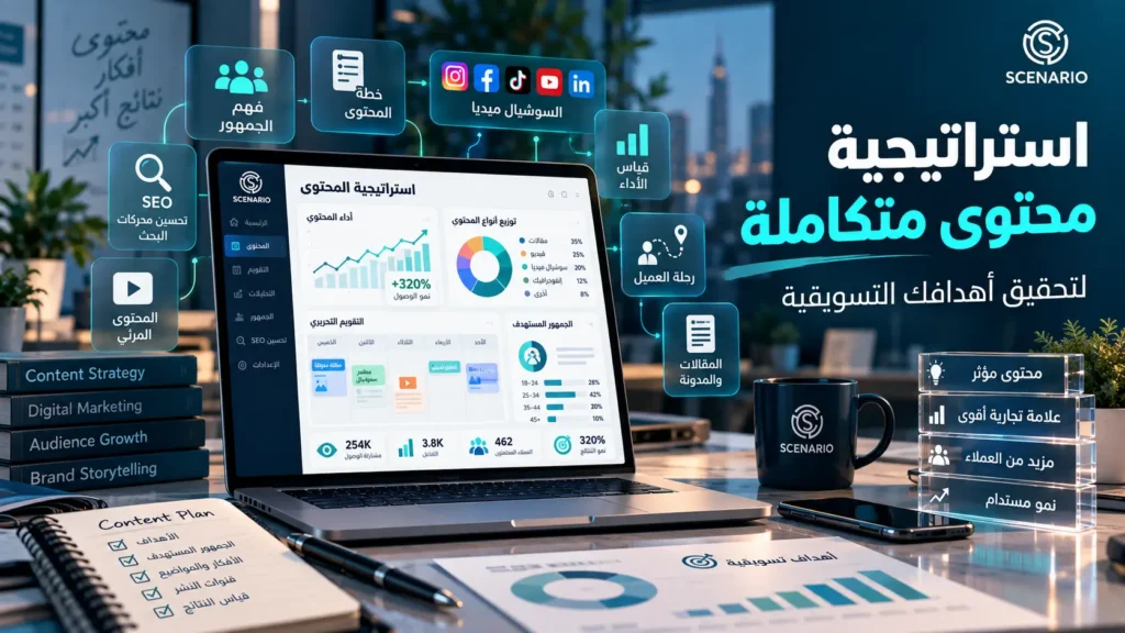 استراتيجية محتوى متكاملة تشمل فهم الجمهور وتحسين محركات البحث والسوشيال ميديا وقياس الأداء