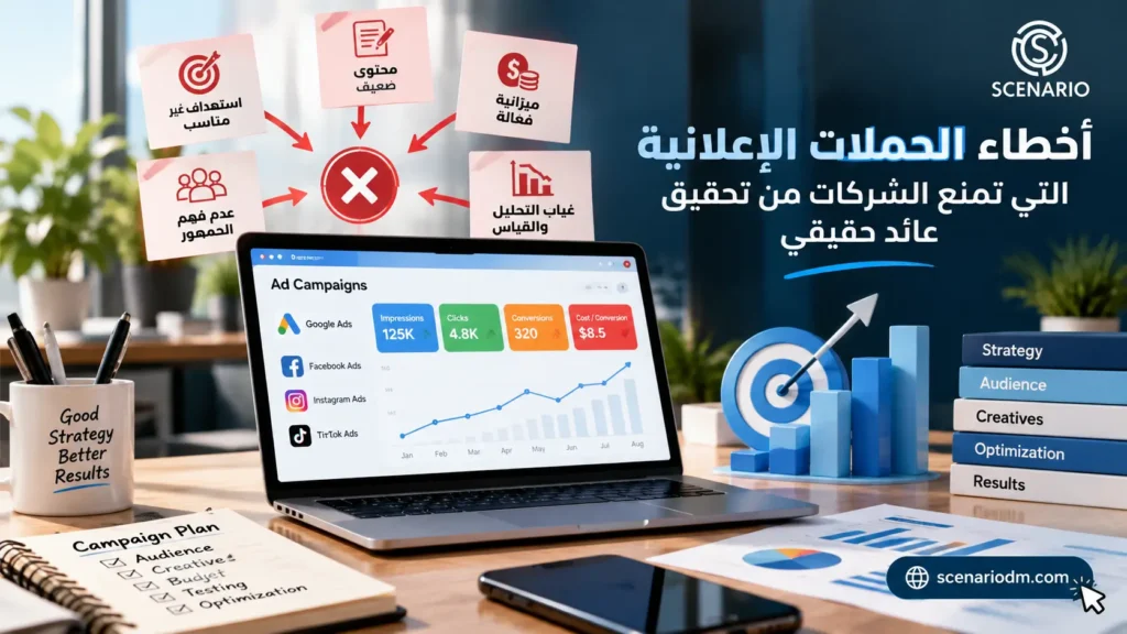 أخطاء الحملات الإعلانية التي تقلل العائد مثل الاستهداف غير المناسب وضعف المحتوى وغياب القياس